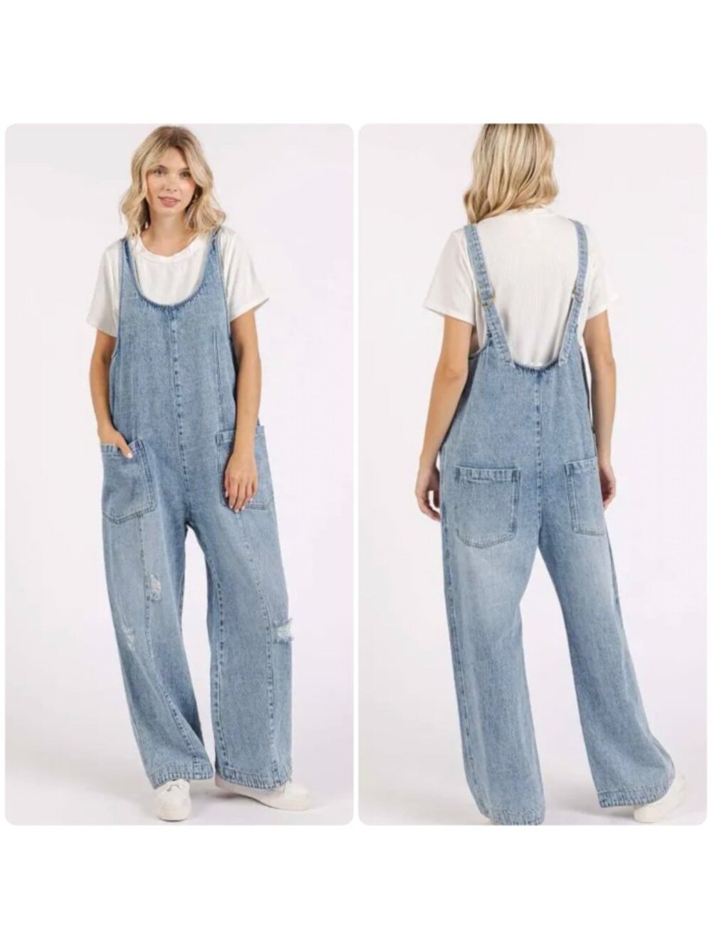 MittoShop Denim Wide Leg Jumpsuit Overall Womens Large Coverall Boho Festival